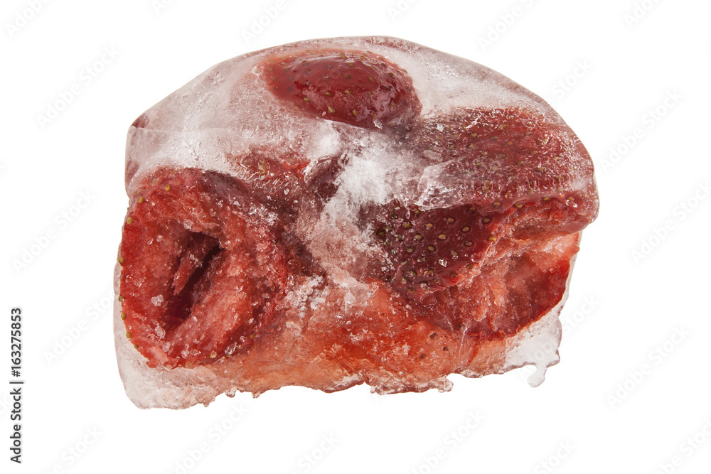 Strawberry in ice cube isolated on white background Strawberry in ice cube isolated on white background