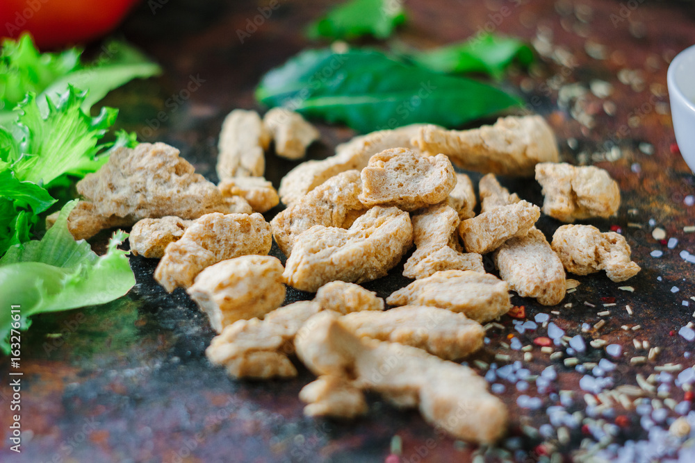 Textured soybean meal - also known as vegetarian soy meat Textured soybean meal - also known as vegetarian soy meat