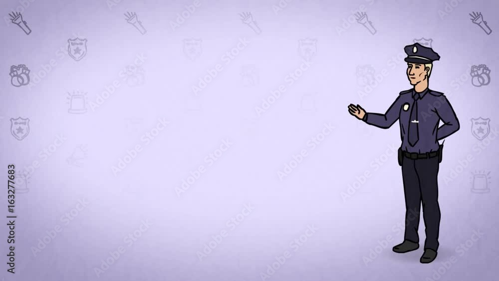 Animated Character Policeman or Cop stands in full growth and says, curve contour, violet background Animated Character Policeman or Cop stands in full growth and says, curve contour, violet background