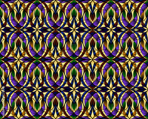 Illustration in stained glass style with abstract swirls,flowers and leaves on a light background.