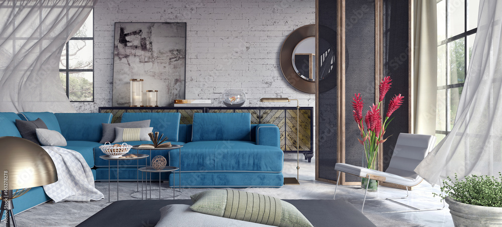 Living room, interior design 3D Rendering - obrazy, fototapety, plakaty 