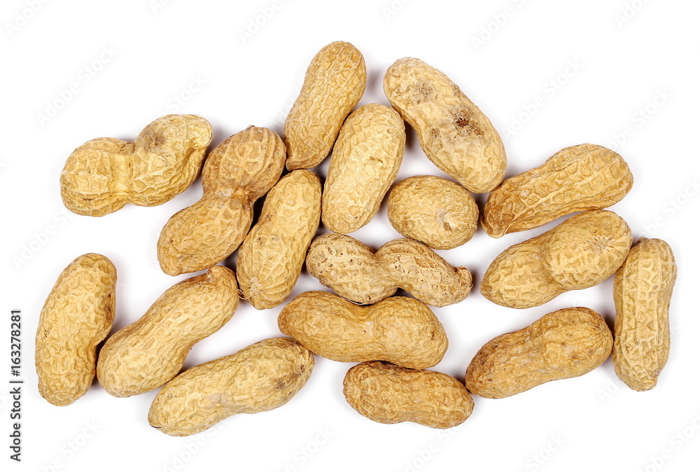Peanuts with shells isolated on white background, with top view Peanuts with shells isolated on white background, with top view