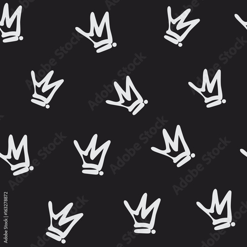 Hand drawn crown graffiti style seamless pattern. Isolated on black background. Texture for print, textile, t-shirt, fabric, wallpaper, card , poster, home decor, packaging, and wrapping paper.