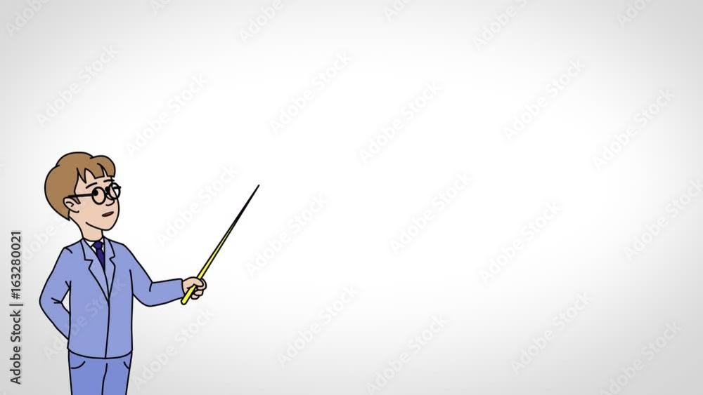 Animated Character Schoolboy with Glasses stands in the foreground and says, smooth contour, white background Animated Character Schoolboy with Glasses stands in the foreground and says, smooth contour, white background