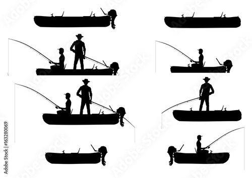 Silhouettes of inflatable boats with anglers. Side view. Flat vector.