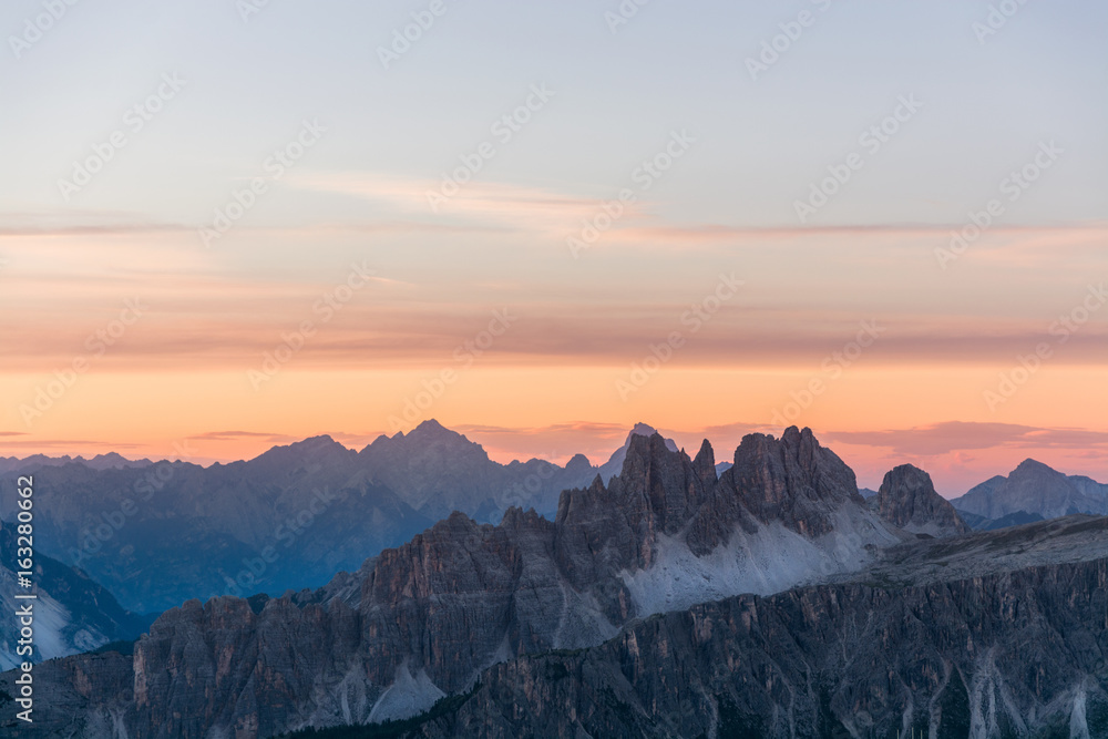 Peaks of dolomite moutains at sunset, Italy