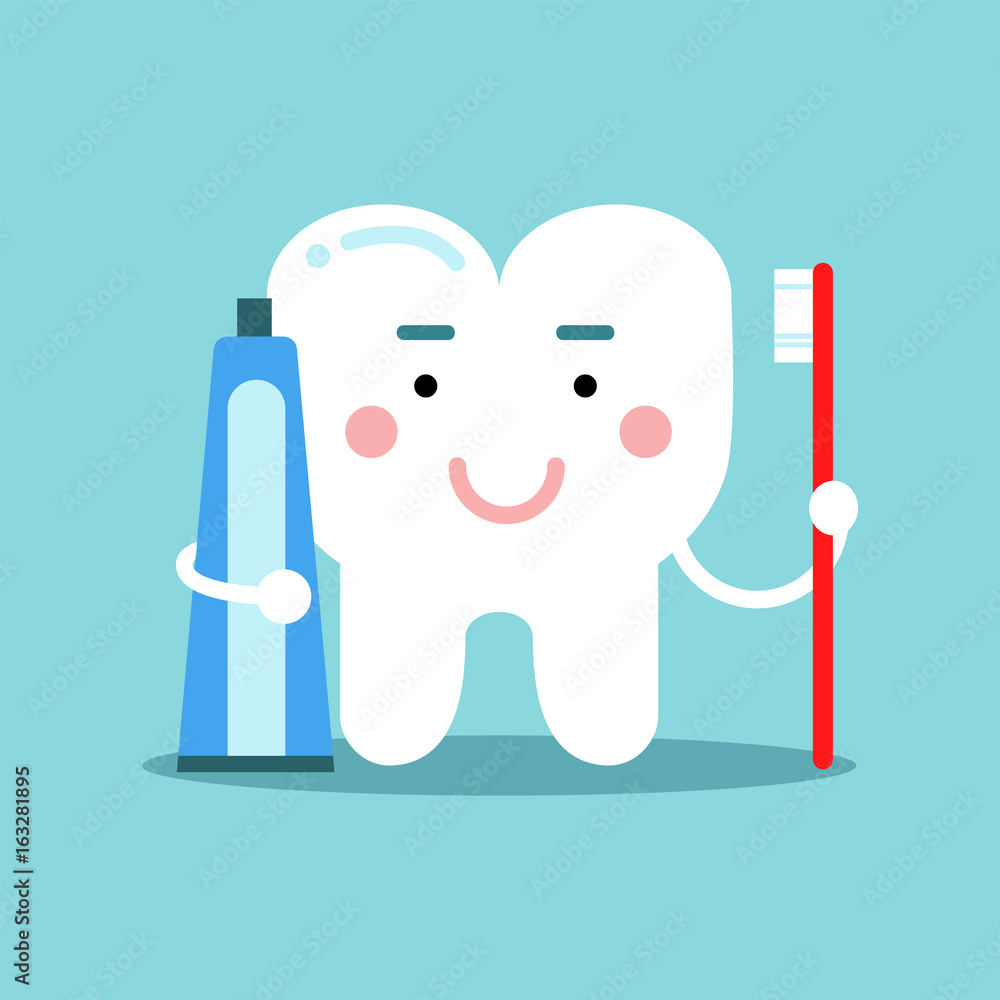 Cute cartoon tooth character brushing with toothpaste, dental vector Illustration for kids
