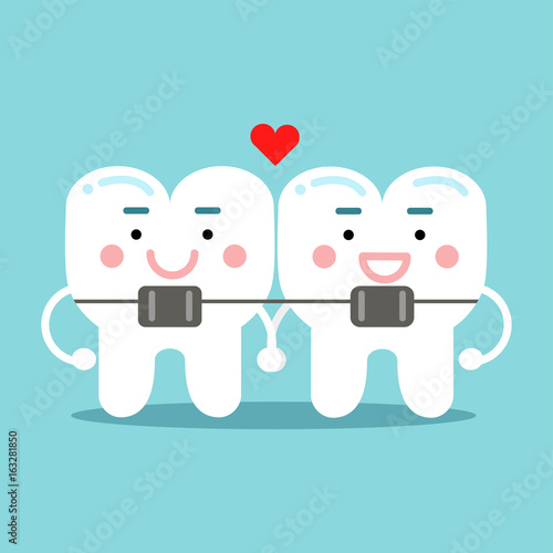 Cute smiling cartoon teeth characters with orthodontic bracket, dental vector Illustration for kids