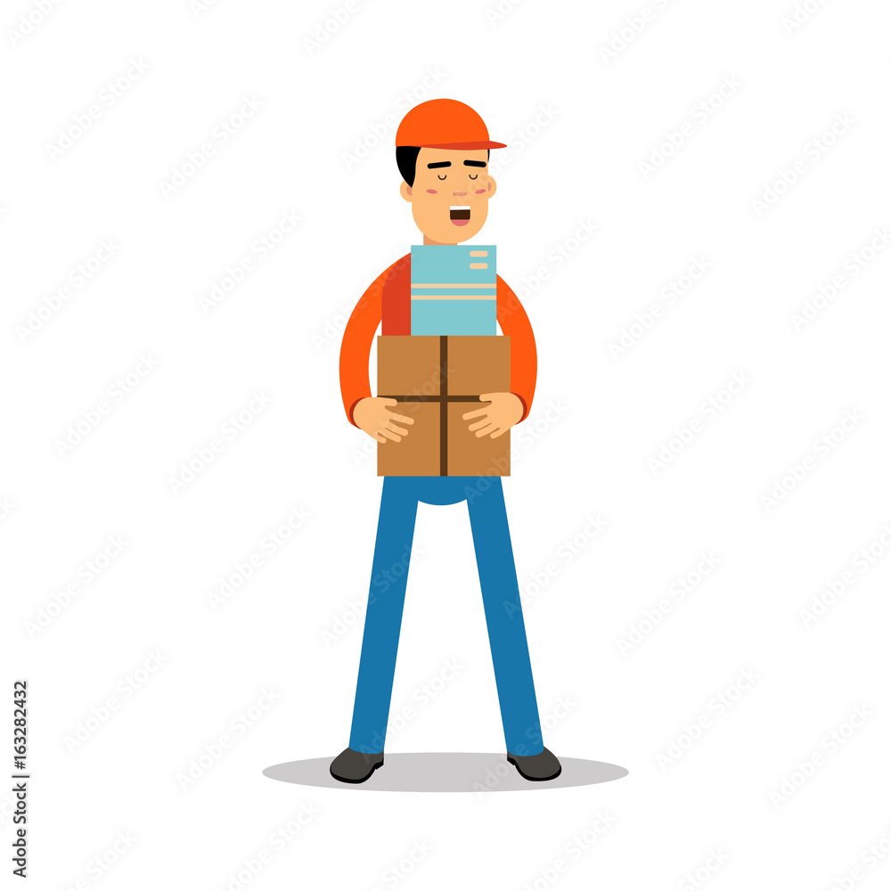 Delivery man standing and holding boxes, courier in uniform at work cartoon character vector Illustration