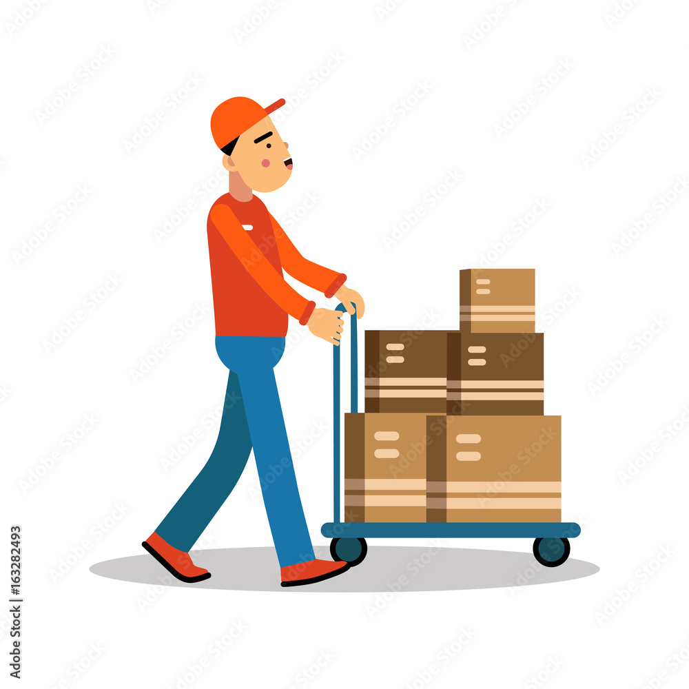 Delivery man carrying boxes on a hand truck, courier in uniform at work cartoon character vector Illustration Delivery man carrying boxes on a hand truck, courier in uniform at work cartoon character vector Illustration