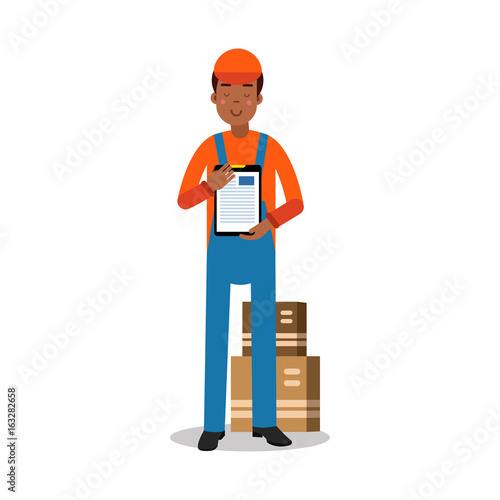 Delivery service worker delivering boxes and documents, courier in uniform at work cartoon character vector Illustration
