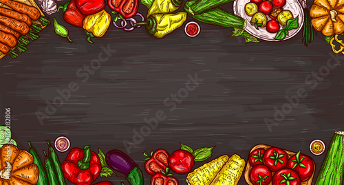 Vector cartoon illustration of various vegetables on a wooden background, top view with copy space. Bright poster with organic food