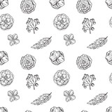 Hand drawn floral seamless pattern. Black and white.Vector illustration.