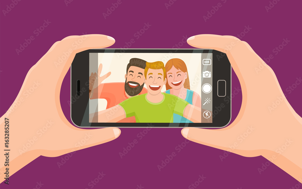 Group of three friends taking a photo with a smartphone. Taking a selfie. Friendship concept. Vector illustration.