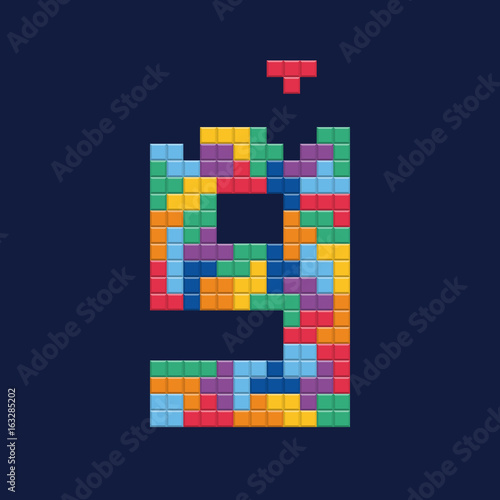 Logo number "9", video game pixel style. Editable vector design. 