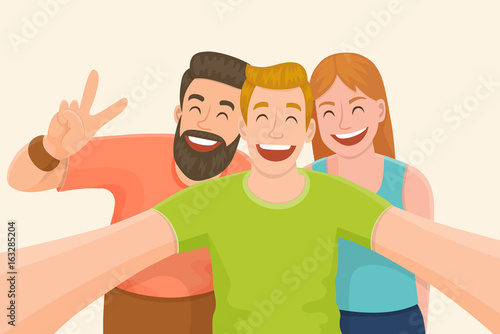 Group of three friends taking a selfie. Friendship and youth concept. Vector illustration.