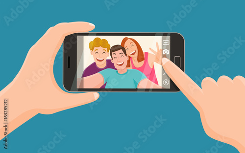 Group of three friends taking a photo with a smartphone. Taking a selfie. Friendship concept. Vector illustration.