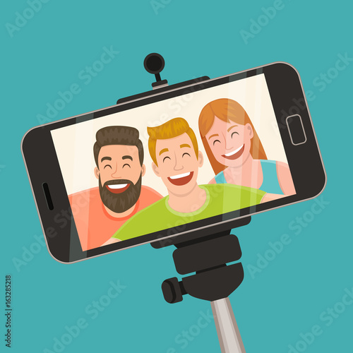 A selfie capture with a smartphone of three friends standing and laughing. Friendship and youth concept. Vector illustration.