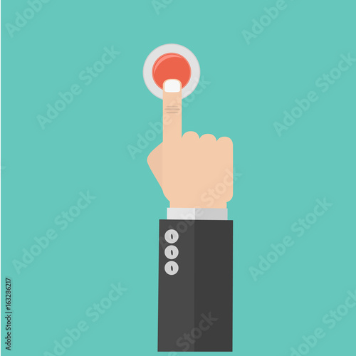Pressing button. Pressing finger on red button. Hand pressing the red button.