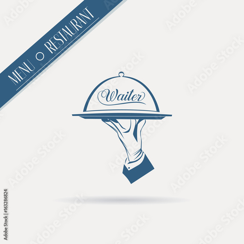Waiter hand in glove holds a tray with sign Waiter over white background. Simple illustration vector logo, isolated.  Classic banner or label for restaurants, cafe, menu and any business. 