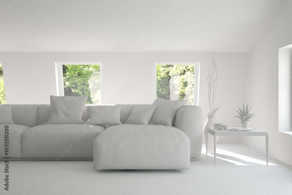 White room with sofa and green landscape in window. Scandinavian interior design. 3D illustration White room with sofa and green landscape in window. Scandinavian interior design. 3D illustration