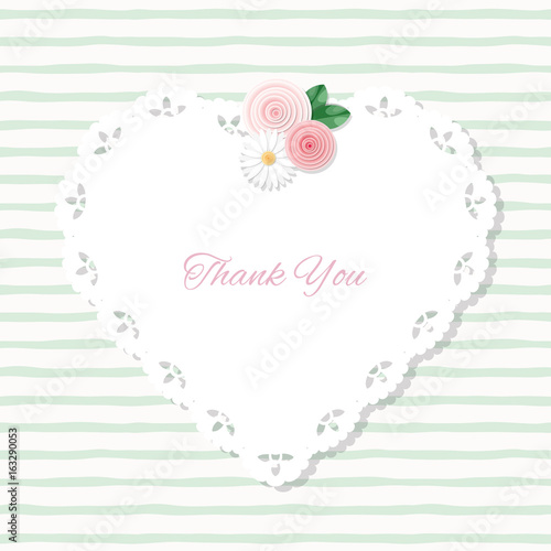 Fototapeta Naklejka Na Ścianę i Meble -  Heart doily frame decorated with roses on stripped hand drawn pattern. With copy space for text or photo. Shabby chic design.