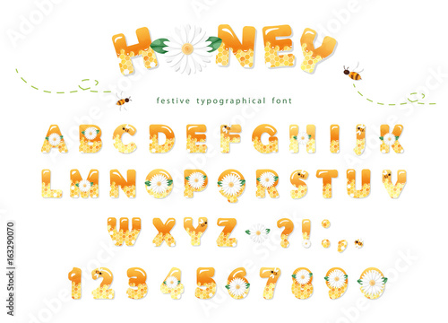 Honey font design. Glossy sweet ABC letters and numbers isolated on white.