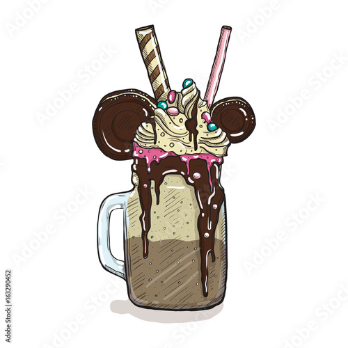 cartoon Style Milkshake with cookies chocolate ice cream and candys. Hand Drawn Creative Dessert Isolated photo