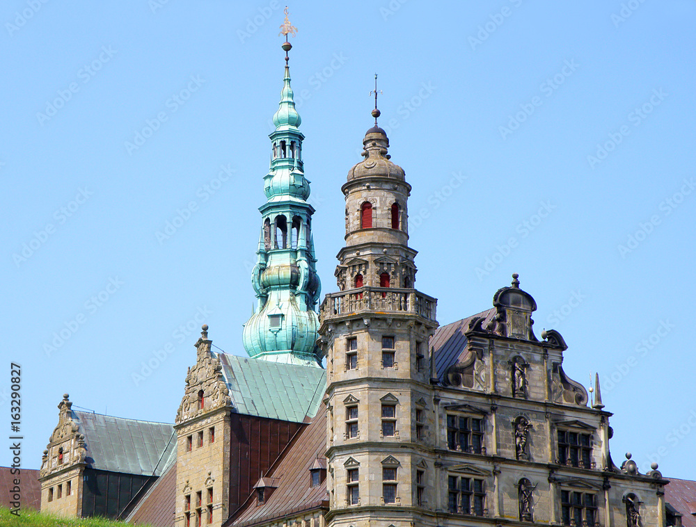 Gorgeous decorated tower and facade of Kronborg Castle in Helsingor, Denmark 