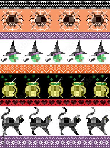 Scandinavian cross stitch and traditional American holiday  inspired seamless Halloween pattern with spider, spider web , witch, cat, cauldron  and decorative ornaments 