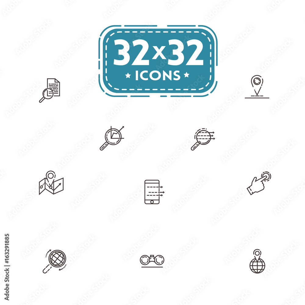 Set of vector illustrations fine line icons, concept of data analysis, traffic, search of information. 32x32 pixel perfect