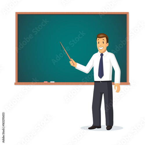 Smiling teacher with pointer standing in front of school chalkboard. Vector illustration isolated on white background.