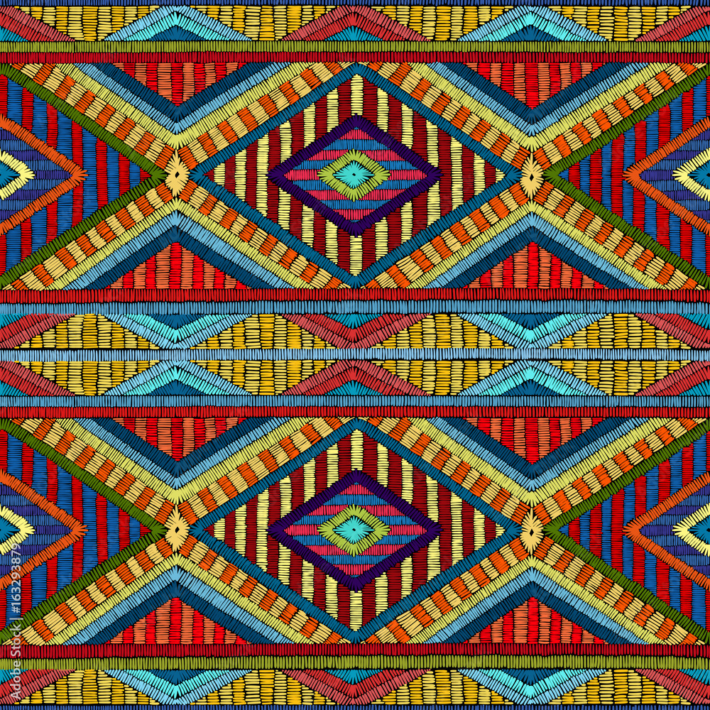 Embroidered seamless geometric pattern. Ornament for the carpet. Ethnic and tribal motifs. Colorful print of handmade. Vector illustration. Embroidered seamless geometric pattern. Ornament for the carpet. Ethnic and tribal motifs. Colorful print of handmade. Vector illustration.