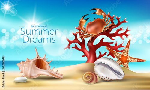 Vector illustration of a summer sandy beach with seashells, pebbles, starfish, crab and coral against the turquoise sky and the sea. An excellent advertising poster for a travel agency