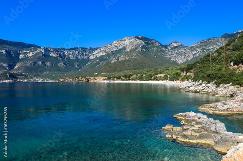 Morning summer seascape greek village Kiparissi, Lakonia.