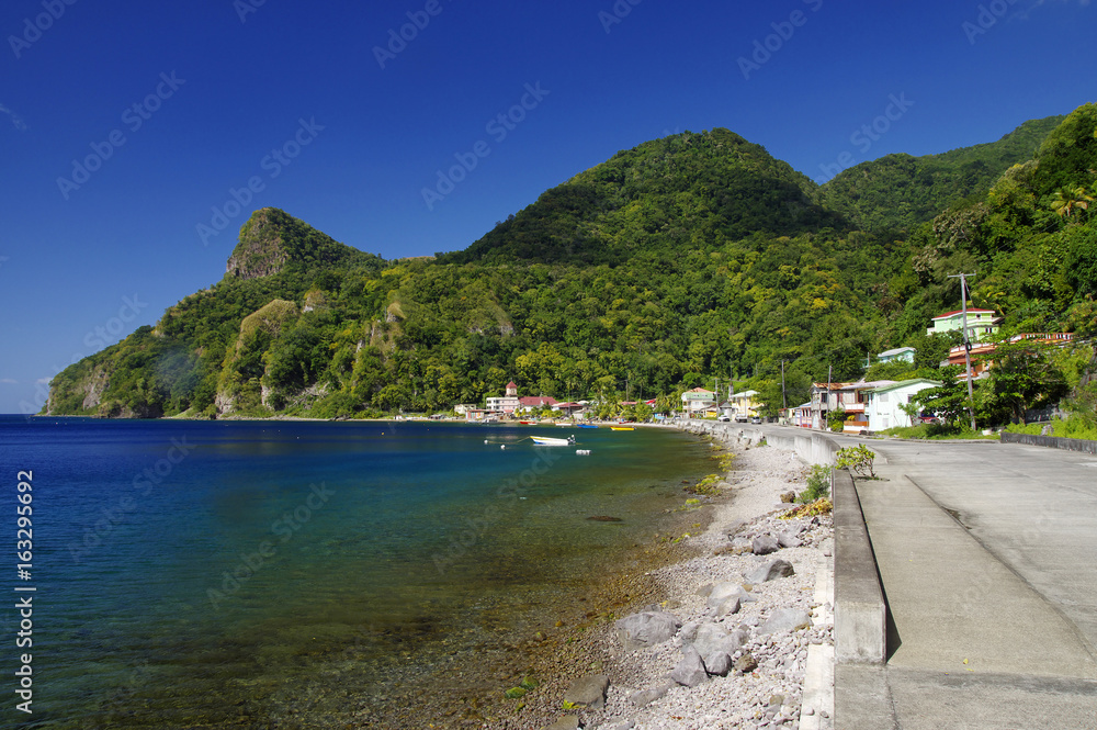 View of Soufriere village. Dominica island, Lesser Antilles