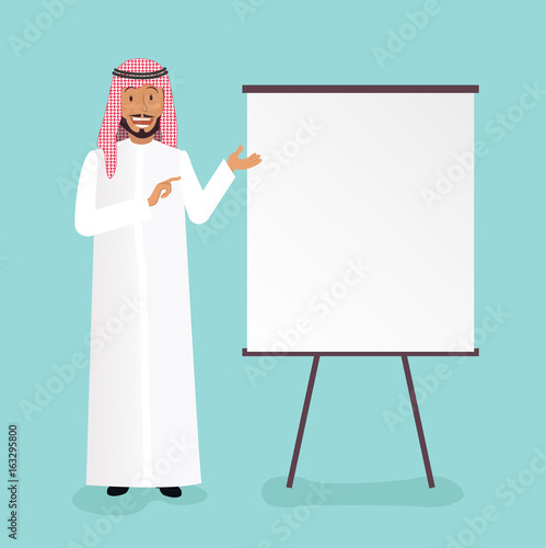 Full-length arabic businessman standing and holding  a clipboard with a check list. Vector flat illustration