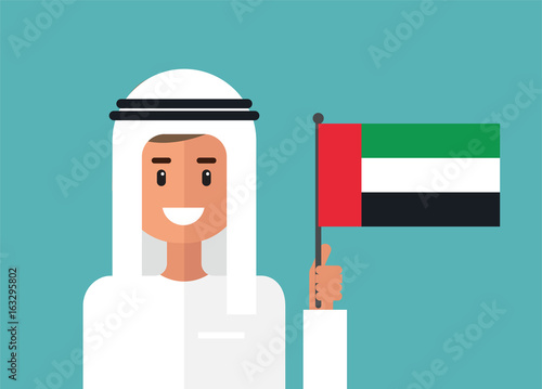 Emirati man holding UAE national flag. Vector flay illustration photo