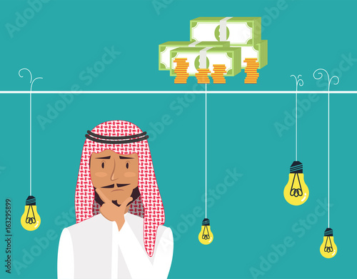 Dilemma of businessman. Thinking man with idea bulbs. Vector illustration