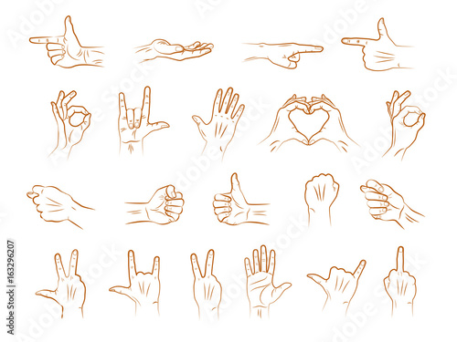 Different outline hands gestures with interpretations of various emotions and signs. Vector line illustration art.
