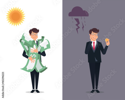 Happy and disappointed businessmen holding money. Success and failure concept. Successful and unsuccessful business models concept.Vector illustration