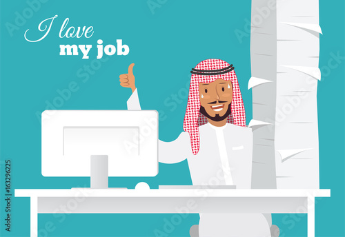 Portrait of handsome arabic office worker at his desk doing thumb up sign. I love my job and paperwork concept. Daily routine, lot of work. Vector flat illustration