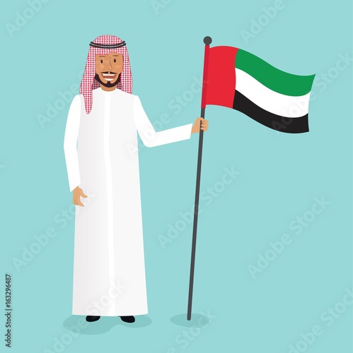 Emirati man holding UAE national flag. Vector flay illustration