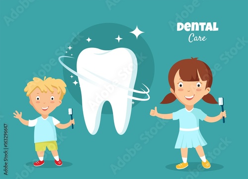 Kids smiling , holding in their hands toothbrush.Dental care and health. Pediatric dentistry concept. Vector illustration