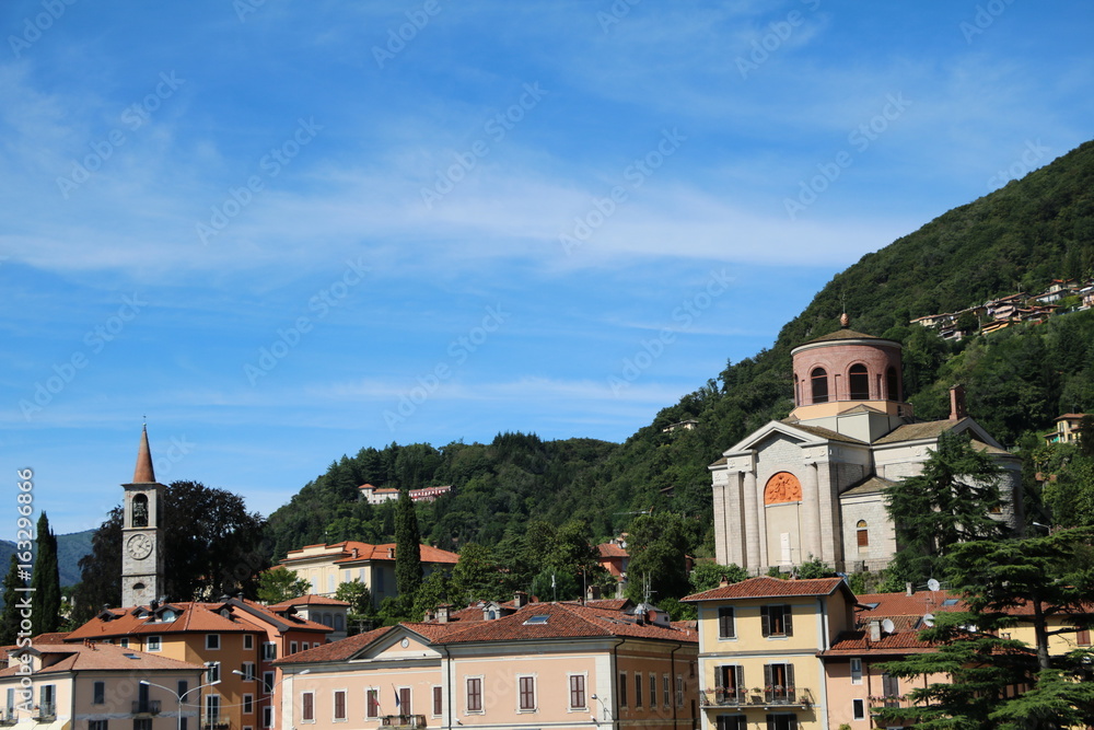View to Church Santi Filippo e Giacomo and Sant'Ambrogio in Laveno, Lombardy Italy 
