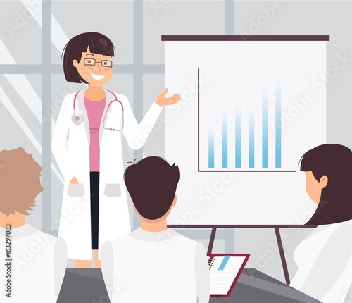 Young cheerful female doctor delivering a presentation to her colleagues. Medical workers in conference room. Vector illustration