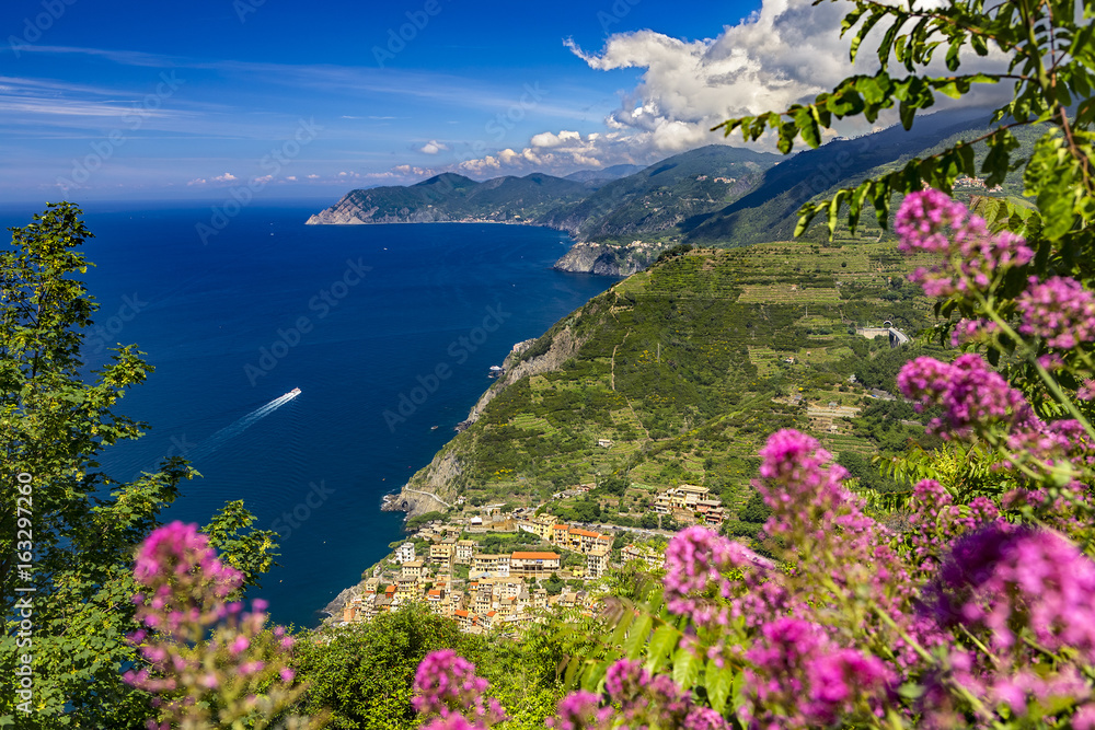 Italy. Cinque Terre (UNESCO World Heritage Site since 1997). Viewpoint near the Monastery of Montenero (below Riomaggiore and other coastal village, ended punta Mesco in the background)