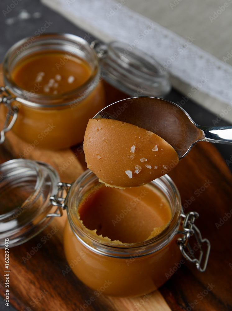 Salted caramel. It is made from sugar, cream, butter, salt and natural vanilla. Salted caramel. It is made from sugar, cream, butter, salt and natural vanilla.