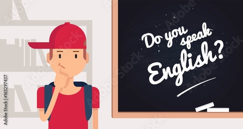 Do you speak english concept. Cute cartoon boy standing near the blackboard.  Vector illustration