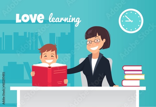 Elementary Pupil Reading a Book With Female Teacher In Classroom. Vector illustration